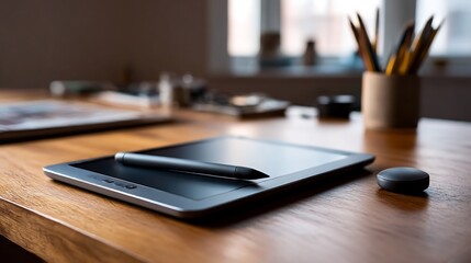 Creative workspace featuring a graphic tablet, stylus, and drawing accessories