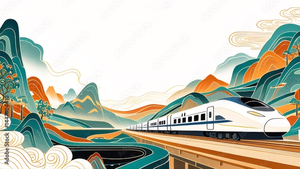 Poster 山々を背景に走る高速鉄道のイラスト 鮮やかな青と緑のグラデーションカラー