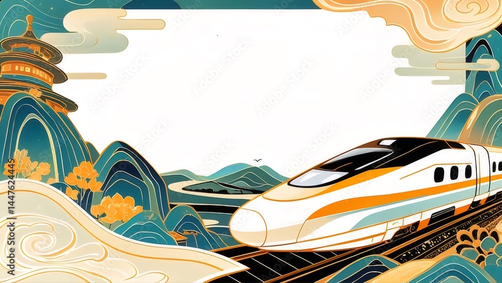Poster 鮮やかな色合いと風景画に高速列車が描かれたイラスト 伝統的な要素と未来的な交通手段の融合