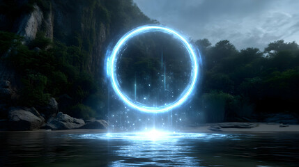 Luminous gateway emerging from the water amidst verdant cliffs and shadowed forest ambience