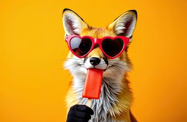 Fox wearing heart-shaped sunglasses enjoys a bright red popsicle against a vibrant background