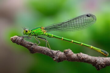 Green Damselfly Resting on Branch