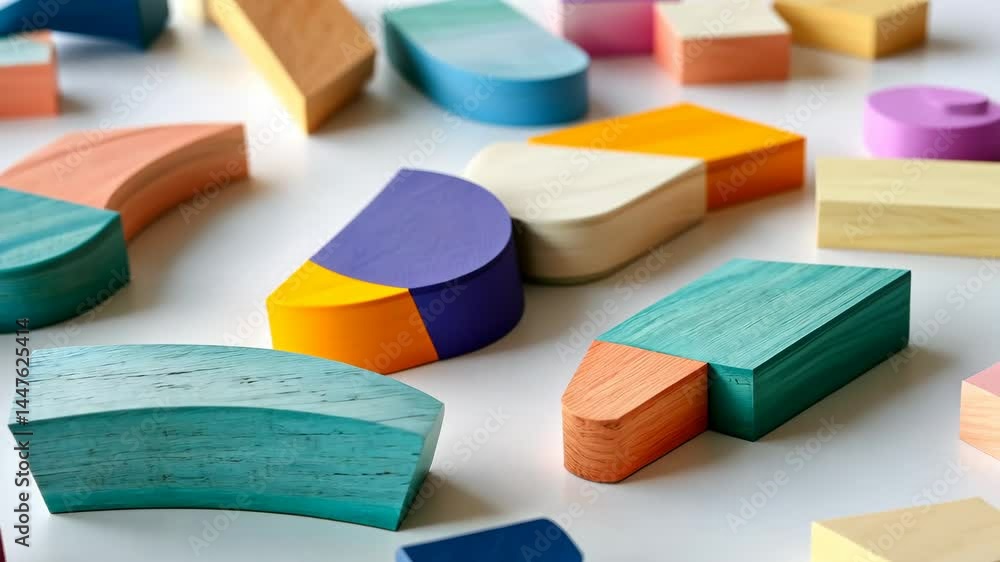 Poster colorful wooden blocks in motion: dynamic moving patterns and playful arrangement