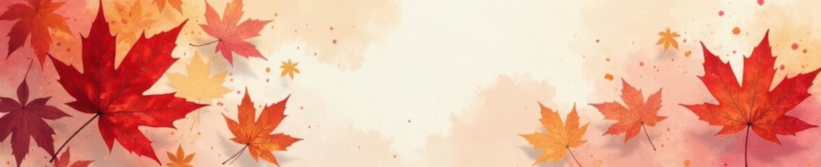 Obraz premium Crimson, russet, and gold maple leaves scattered on a watercolour wash background, ample copy space , backdrop, autumn, park