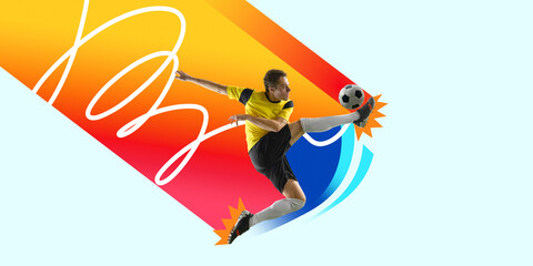 Young competitive man, soccer player in yellow and black uniform, playing with focus against abstract colorful background. Contemporary art collage. Concept of sport, competition, game, poster, ads