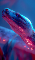 Fototapeta premium Serpentine elegance a vibrant portrayal of a snake bathed in alluring blue and crimson light hues