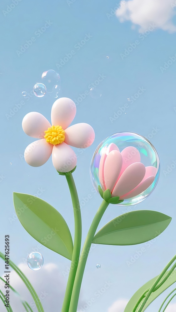 Aufkleber パステルカラーの花と泡が浮かぶ空の下で明るい春の風景