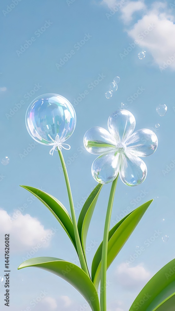 Aufkleber 青い空の下 泡と輝く花 透明な花びらと水玉の装飾 太陽光の下の自然の美しさ