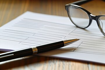 Blank form, pen, and glasses on a table