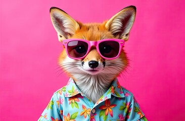 Fox wearing sunglasses and tropical shirt poses against a vibrant pink backdrop