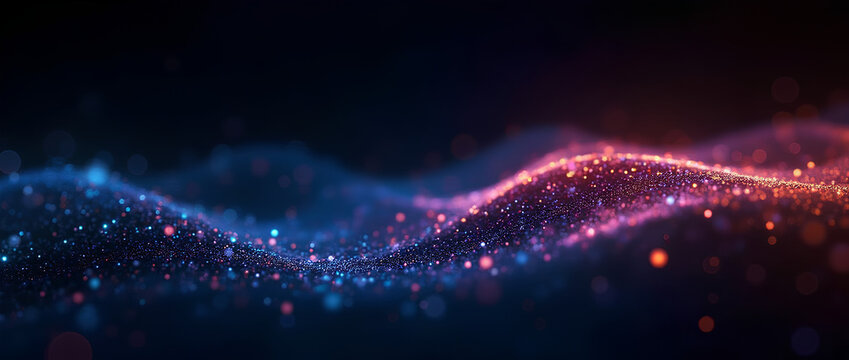  Dynamic futuristic background with abstract digital wave of glowing particles, neon dots with bokeh effect on dark background. 