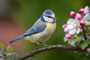 Obraz premium Eurasian Blue Tit Bird on Branch with Flowers