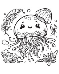 Coloring book jellyfish wearing a beret surrounded by seaweed and bubbles