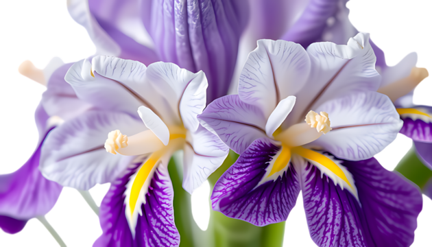 A vibrant macro photograph showcasing purple and white iris flowers on transparent.  intricate petal details and delicate hues create a mesmerizing floral elegance suitable for nature-related themes