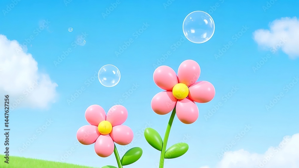Poster 青空と緑の芝生にピンクの花とシャボン玉 夏の晴天の風景