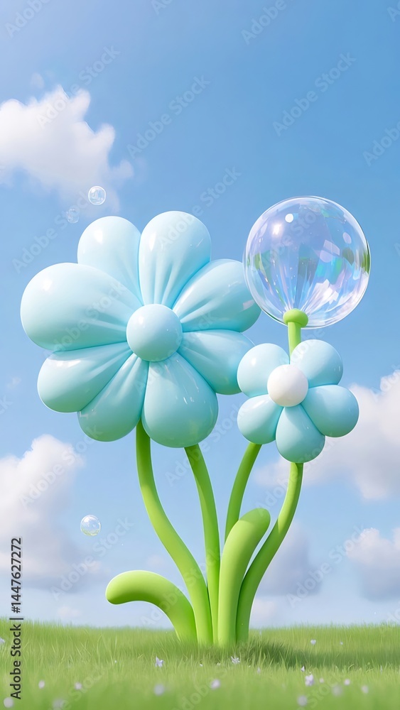 Poster 鮮やかな水色の花と泡が浮かぶ青空の下の緑色の草地の3dイラスト
