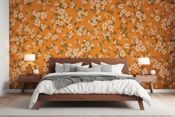Rich wood tones, floral wallpaper accent, simple wooden bed frame , sleep, house, calm