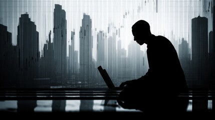 Silhouette of businessperson on laptop against urban skyline with graphs