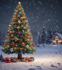 Obraz premium Sparkling Christmas tree, colorful baubles, twinkling lights, snowy scene, sparkle, holiday, illustration