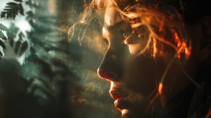 Contemplative female in sunlit forest setting with dramatic lighting