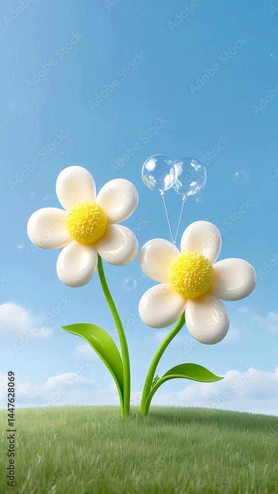 Poster 青空の下の白いデイジーの花のクローズアップ 柔らかな緑の草に咲く 鮮やかな黄色い花の中心部 爽やかな夏の風景