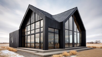 Striking modern black barn-style house with expansive windows on a rural landscape
