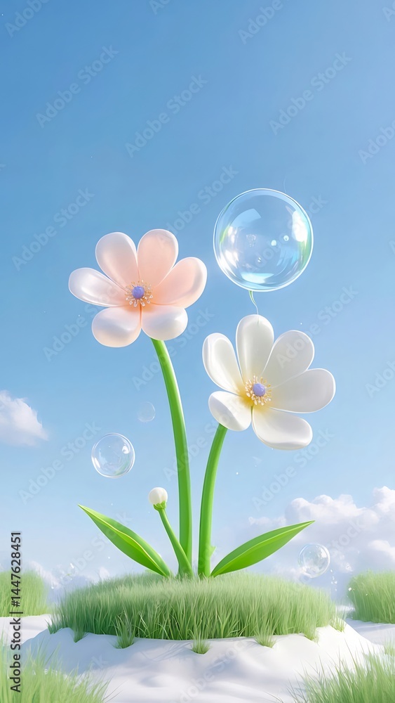 Poster 青空の下 咲く淡いピンクと白の花と透明な泡 鮮やかな緑の茎と葉 優しい光のファンタジー背景