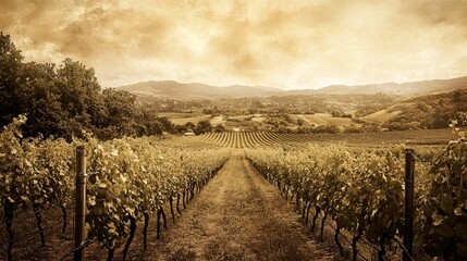 Naklejka premium Warm Sepia Tones Evoke Nostalgia in Picturesque Vineyard Setting