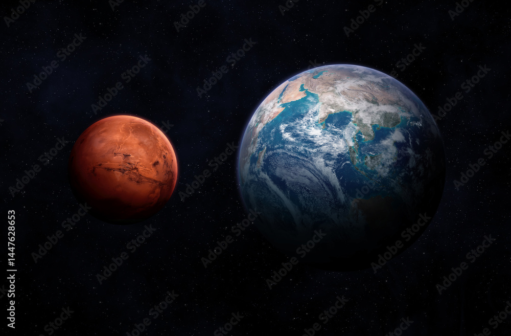 Wall mural mars and earth size comparison. space and planets of the solar system. the scale difference of the p