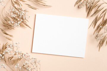Horizontal blank white card on beige background decorated with dried grasses and baby breath...