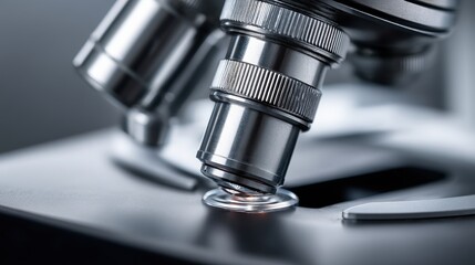 Fototapeta premium A microscope's objective lens is shown in extreme close-up, revealing its intricate and precise construction - Technology Lab Science Microscope Macro
