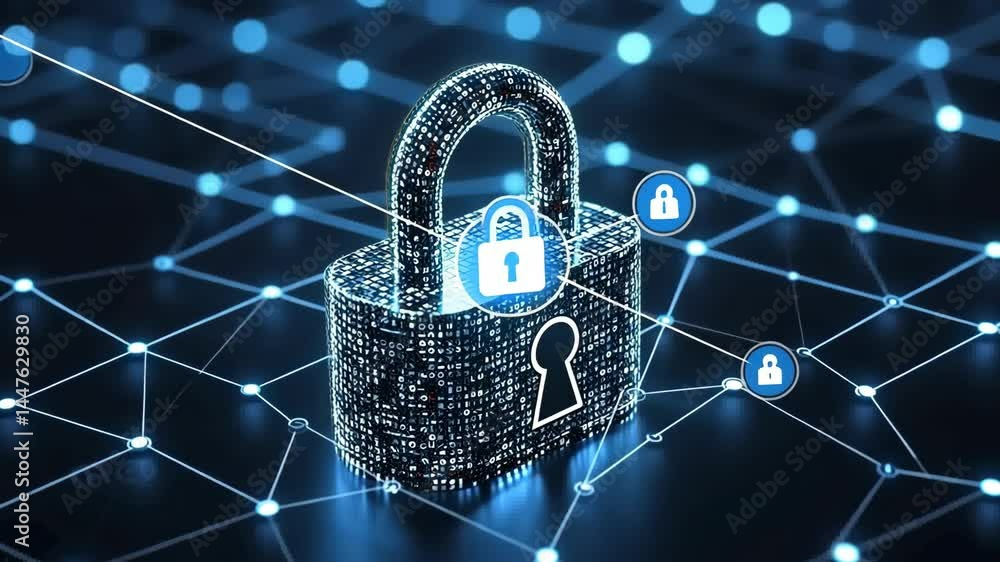 Poster hightech digital security concept with lock and network connectivity