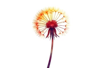Red and yellow watercolor silhouette of a lonely fluffy dandelion on a white background