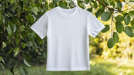 White T-Shirt Mockup Hanging in Natural Greenery t-shirt white mockup clothing apparel fashion blank