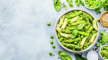 Obraz premium Green Pasta Delight: A vibrant composition of fresh penne pasta tossed with lush green vegetables, showcasing culinary art and healthy eating.
