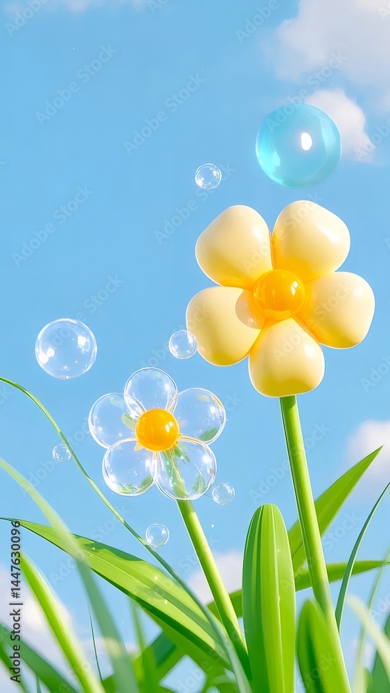 Aufkleber 青空と花と水玉模様のイラスト 夏の太陽光と植物の鮮やかな色合い 爽やかな背景デザイン