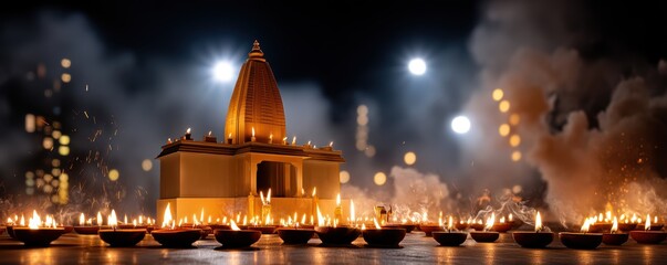 Fototapeta premium Illuminated hindu temple with traditional lamps at night celebration scene