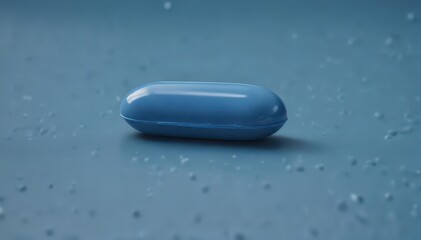 A single blue pill rests on a matching blue surface , background blue, color