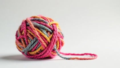 A soft, multicolored ball of yarn sits on a pristine white background , fiber, pastel, pink