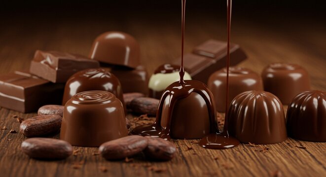 Close-up of assorted gourmet chocolates on a rustic wooden table, with cocoa beans and melted chocolate drips
