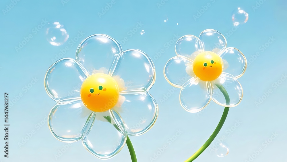 Aufkleber 透明な泡の形をした可愛らしい花が青空背景に浮かぶ明るいイラスト 水滴と泡が優しく舞う春夏の穏やかな情景