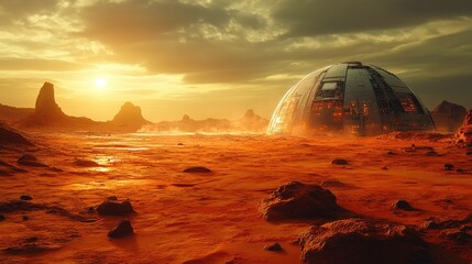 Futuristic colony domes on the surface of Mars during sunset with dramatic red landscapes and alien structures