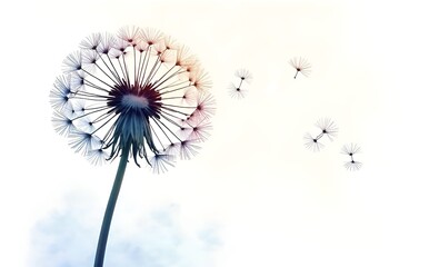 Multicolored watercolor silhouette of a lonely fluffy dandelion on a white background