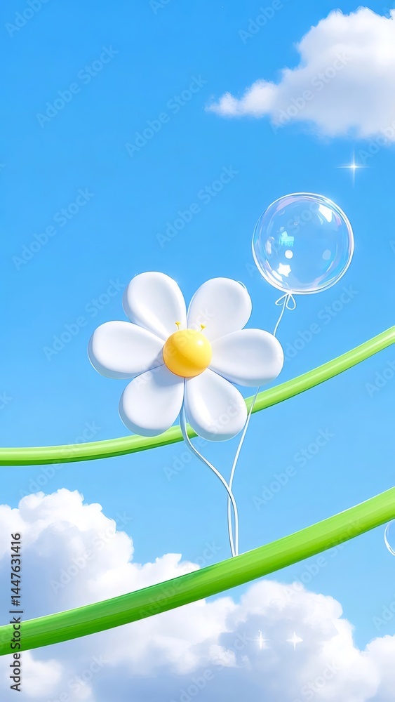 Aufkleber 青空と白いデイジーの花と透明な風船の鮮やかな夏のイラスト背景