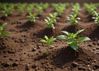 Vibrant green coffee seedlings emerge from rich soil ,  farm,  earth