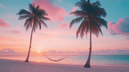 Serene tropical beach sunset scene with palm trees and hammock sky sea pink blue sand calm view ocean