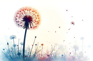 Multicolored watercolor silhouette of a fluffy dandelion in the grass on a white background