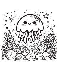 Coloring book jellyfish with starfish and bubbles on the ocean floor