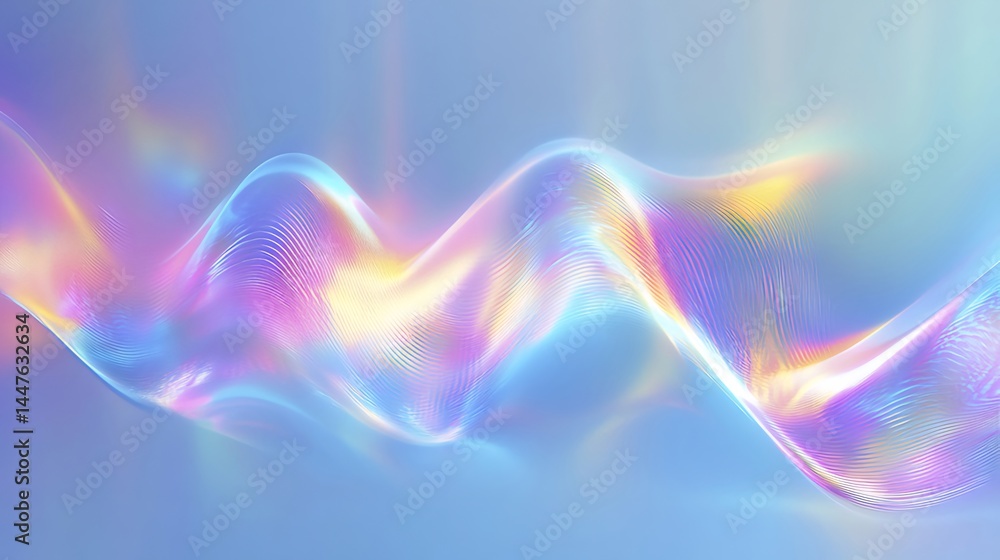 Aufkleber 淡い虹色の波状の線が青い背景に浮かぶ光の芸術的な描写