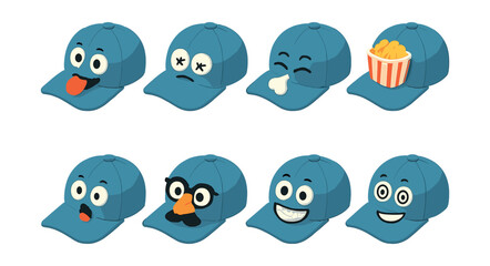 Playful caps icons set – tongue, surprised, smiling, popcorn, disguise, cheerful, confused